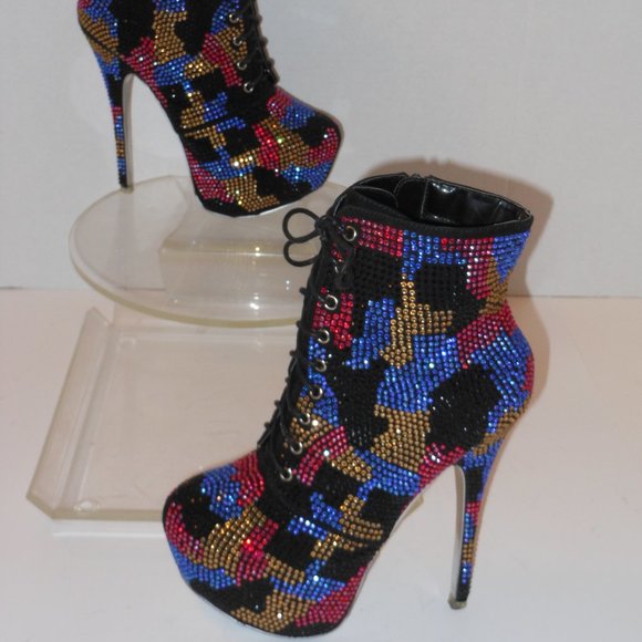 SHIEKH PLATFORM HIGH-HEEL MULTI-COLOR BEADED ANKLE BOOTS SIZE 8 MEDIUM - Picture 2 of 9